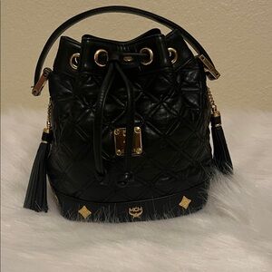 MCM Black Quilted Leather Drawstring Bucket Handbag with Tassels